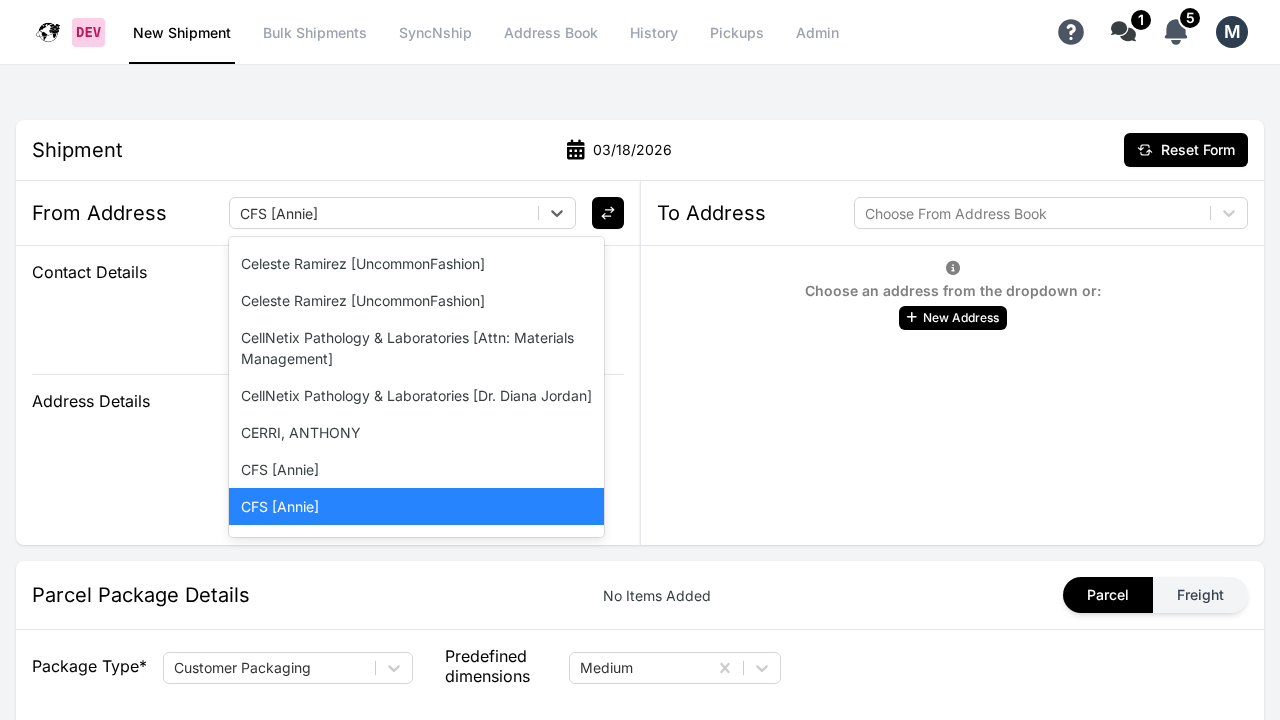 Kadima Ship Page showing From Address dropdown with address options