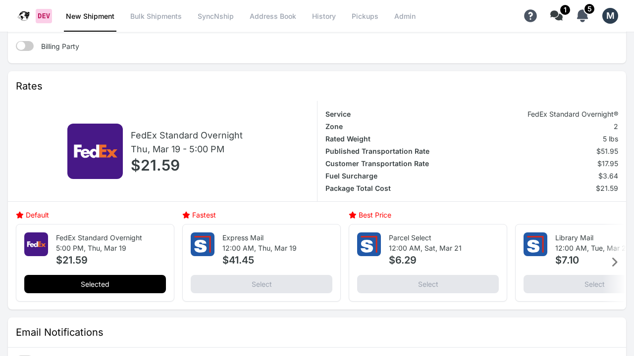 Kadima rate results showing carrier options with Default, Fastest, and Best Price highlighted