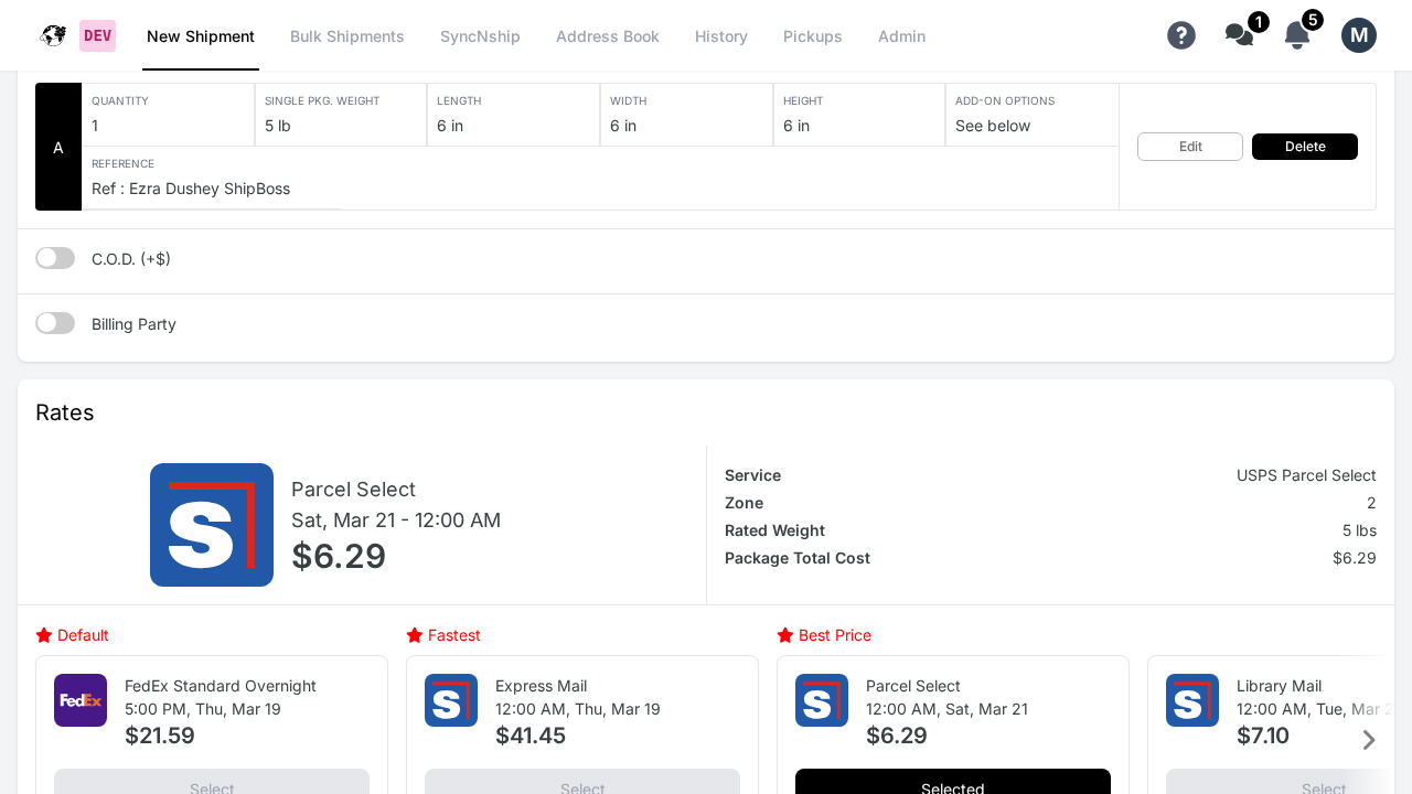 Kadima rate detail breakdown showing service, zone, weight, and cost
