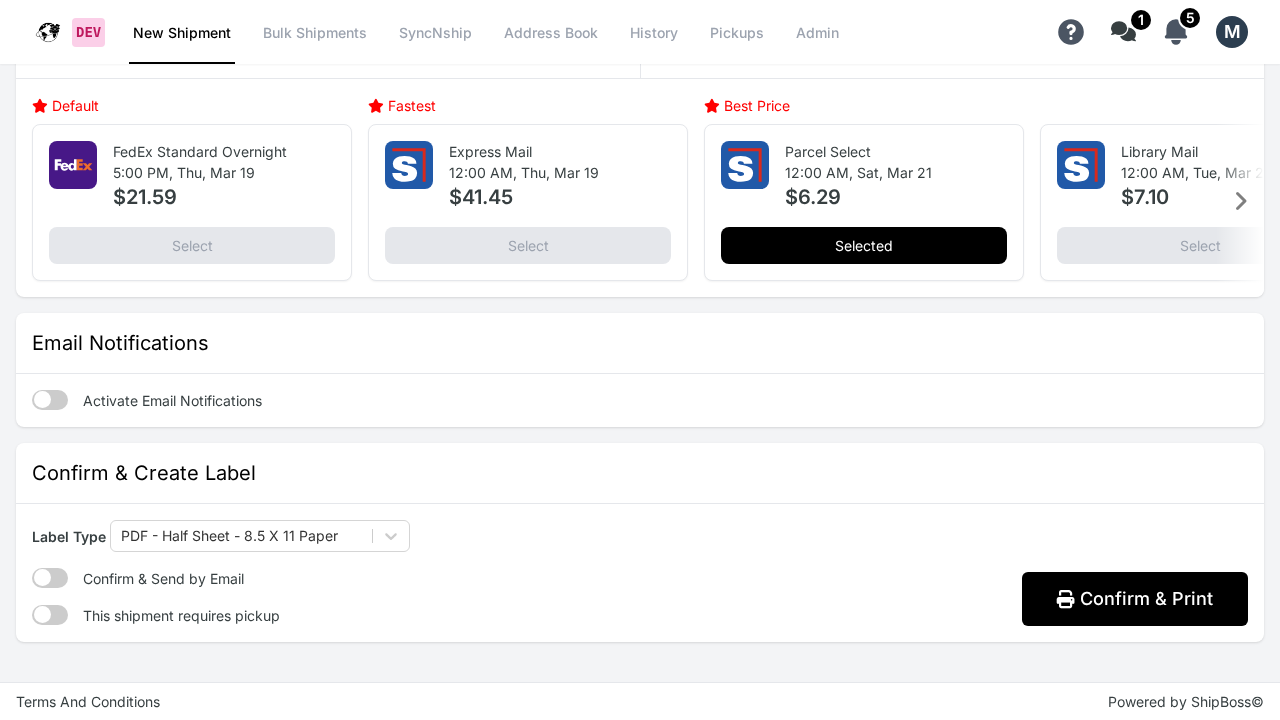 Kadima Confirm and Create Label section with label type, email, and pickup options