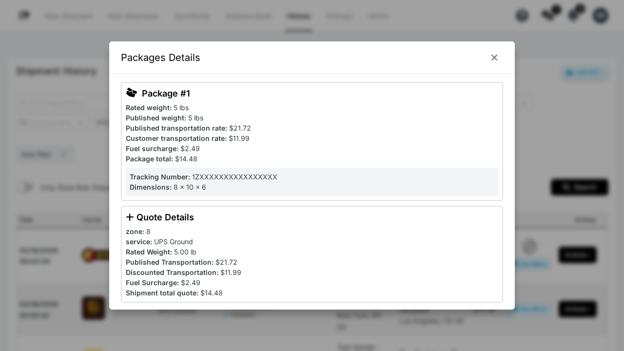 Kadima Package Details floating window showing weight, rates, tracking number, and dimensions