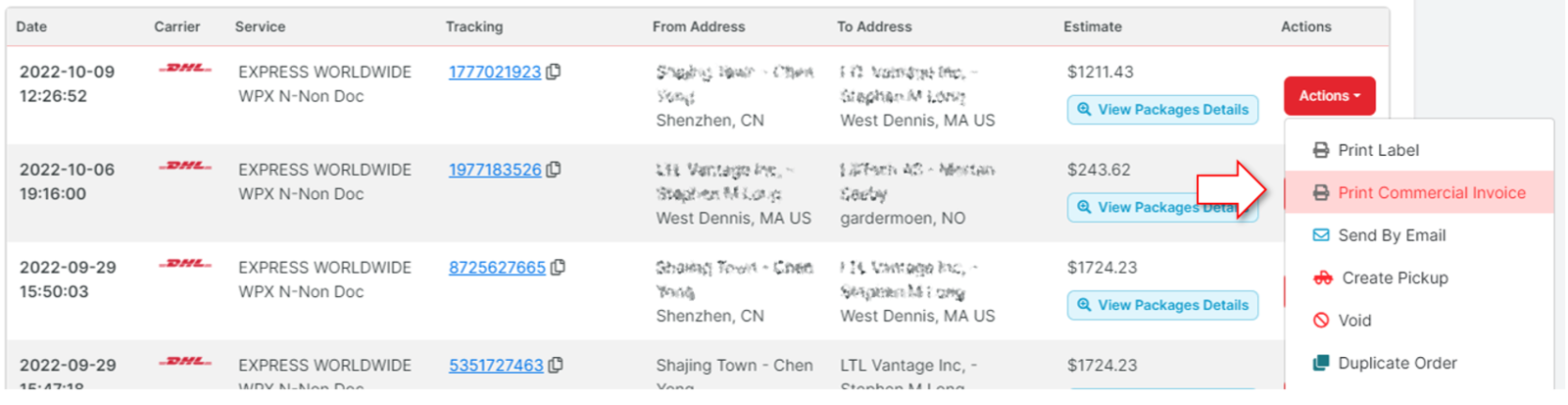 Actions menu on the History page showing Print commercial invoice option