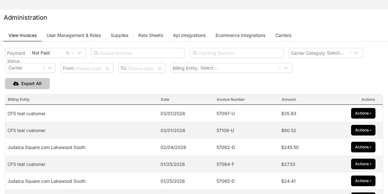 Kadima Admin page with View Invoices tab selected showing the invoice list