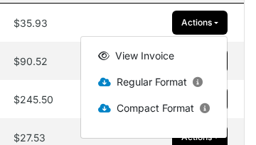 Actions dropdown showing View Invoice, Regular Format CSV, and Compact Format CSV options