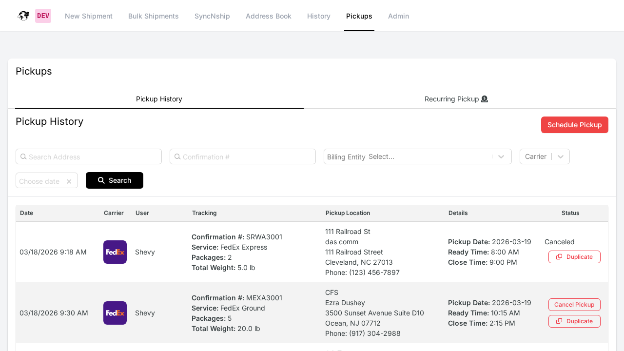 Kadima Pickups page showing the Schedule Pickup button