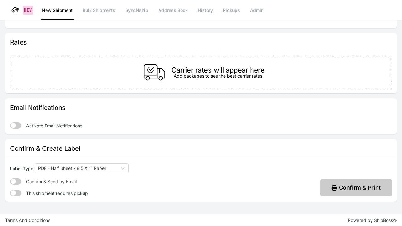 Kadima Ship page showing the This Shipment Requires Pickup toggle